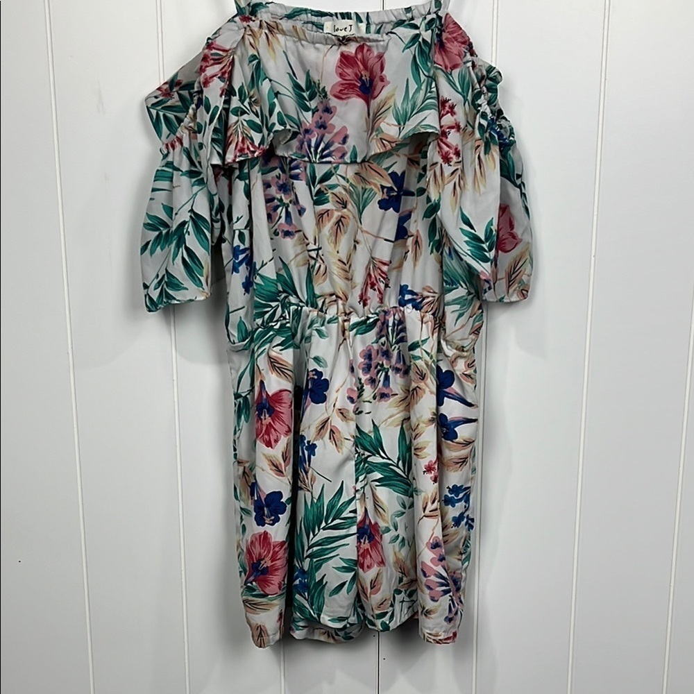 Love J Womens Romper L Blue Slip Straps Cold Shoulder Tropical Floral Print Fun
